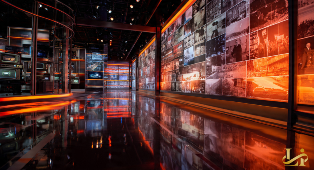 An empty, reflective news studio with a wall displaying a historical collage of iconic CBS News moments and figures. This visual represents the rich legacy of CBS News, from Walter Cronkite to its contemporary presence.