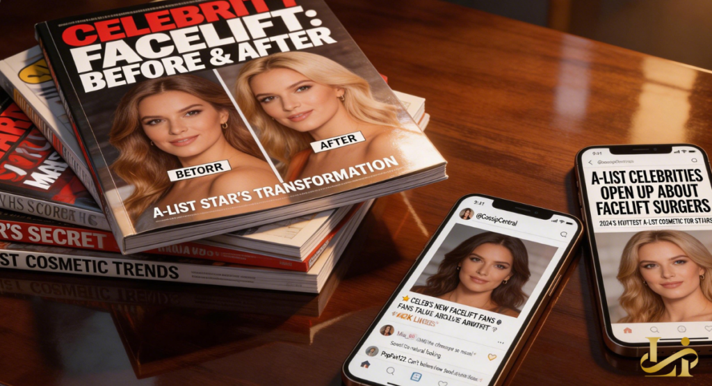 Magazine titled “CELEBRITY FACELIFT: BEFORE & AFTER” rests on a wooden table beside two smartphones.