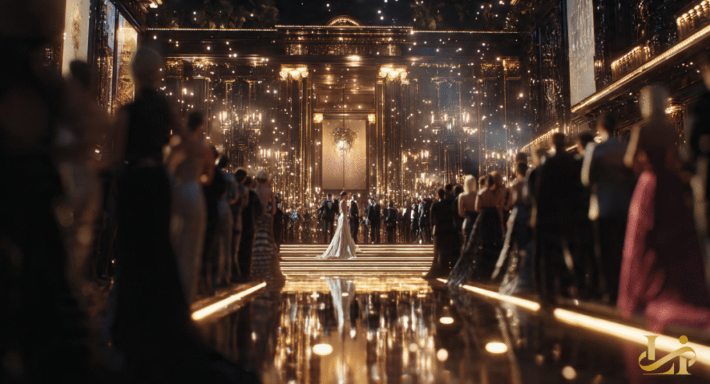 A grand ballroom filled with elegantly dressed guests, all looking towards a central couple descending a staircase. Sparkling chandeliers and golden decor create a luxurious atmosphere for the awards event.