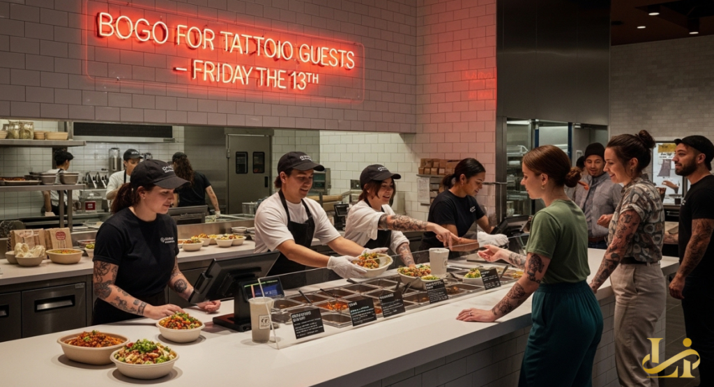Inside a Chipotle, a red neon sign reads “BOGO FOR TATTOO GUESTS — FRIDAY THE 13TH”. Staff and tattooed customers interact along the food line in a bright, modern store Chipotle BOGO Tattoo