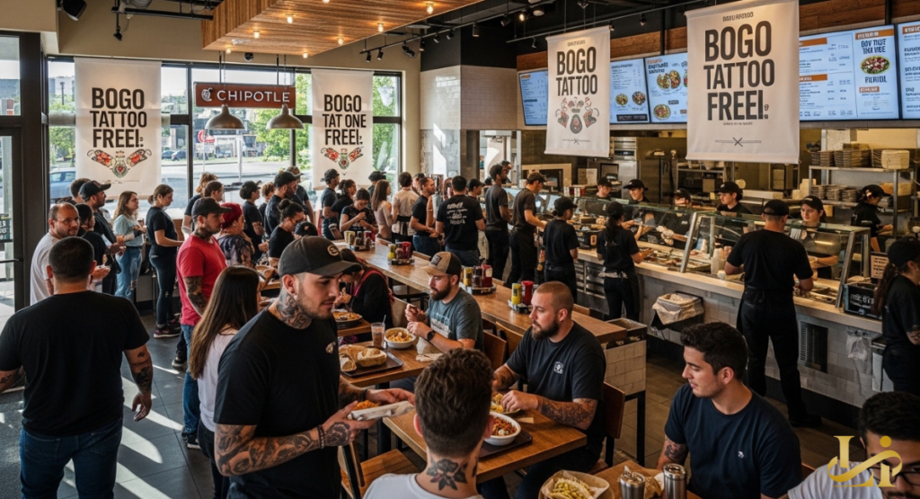 A packed Chipotle dining room under large banners that read “BOGO TATTOO FREE!”. Customers wait in line while others eat at communal tables.