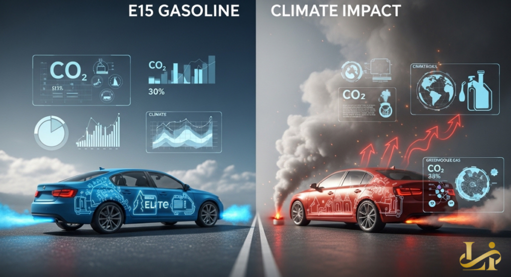 Split illustration: blue car labeled “E15 GASOLINE” emits clean blue exhaust with CO₂ charts; red car under “CLIMATE IMPACT” emits smoke.