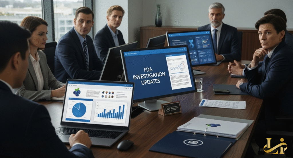 A corporate meeting where executives discuss FDA investigation updates displayed on laptop and monitors. Screens show pie charts, bar graphs, and documents related to the food recall and company response.