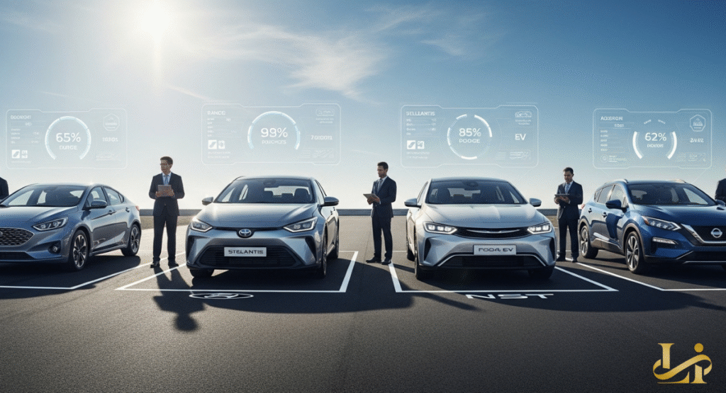Four distinct electric car models, representing Ford, Toyota, Stellantis, and Nissan, are parked in a row. Holographic dashboards above each vehicle display brand-specific EV performance metrics and data.