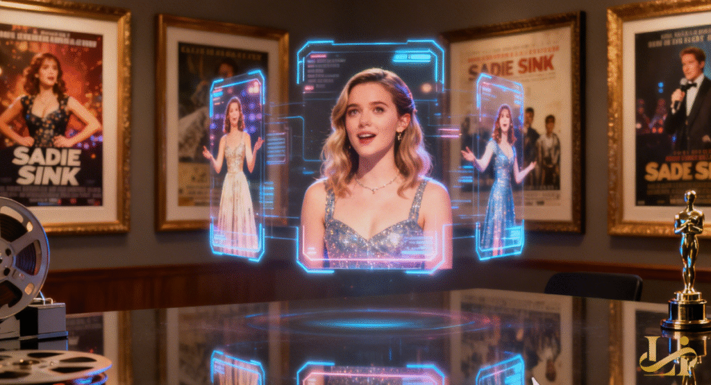 A holographic display of Sadie Sink, in a sparkling gown, floats above a desk surrounded by movie posters. The posters feature her name prominently, celebrating her acting credits and notable roles.