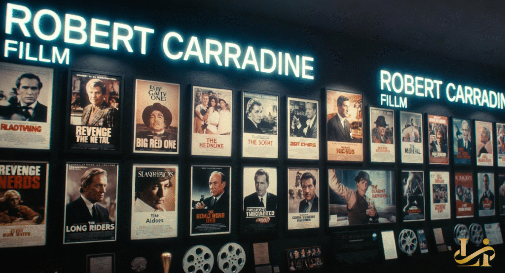 A dimly lit gallery wall showcasing a vast filmography with dozens of movie posters for Robert Carradine. Neon signs illuminate the actor's name above rows of diverse film titles, including "REVENGE OF THE NERDS."