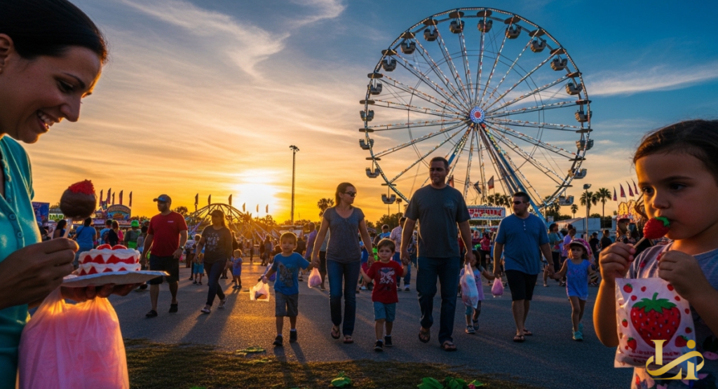 Families and individuals stroll through an outdoor fairground at sunset, with a large Ferris wheel glowing against the colorful sky.