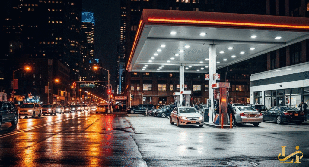 A busy gas station at night in a city, with multiple cars fueling up on a wet street. The brightly lit station contrasts with the dark city buildings and the glow of streetlights.