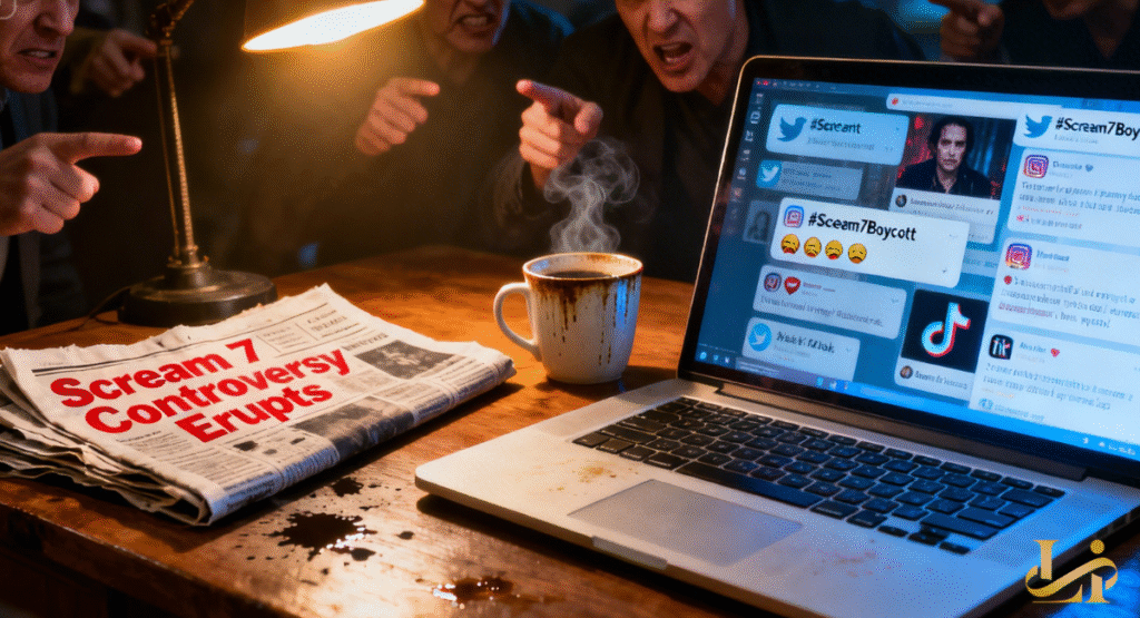 A laptop displaying social media posts about "Scream 7 Controversy Erupts" and a newspaper headline with the same title. Steaming coffee and pointing fingers in the background suggest heated discussion.