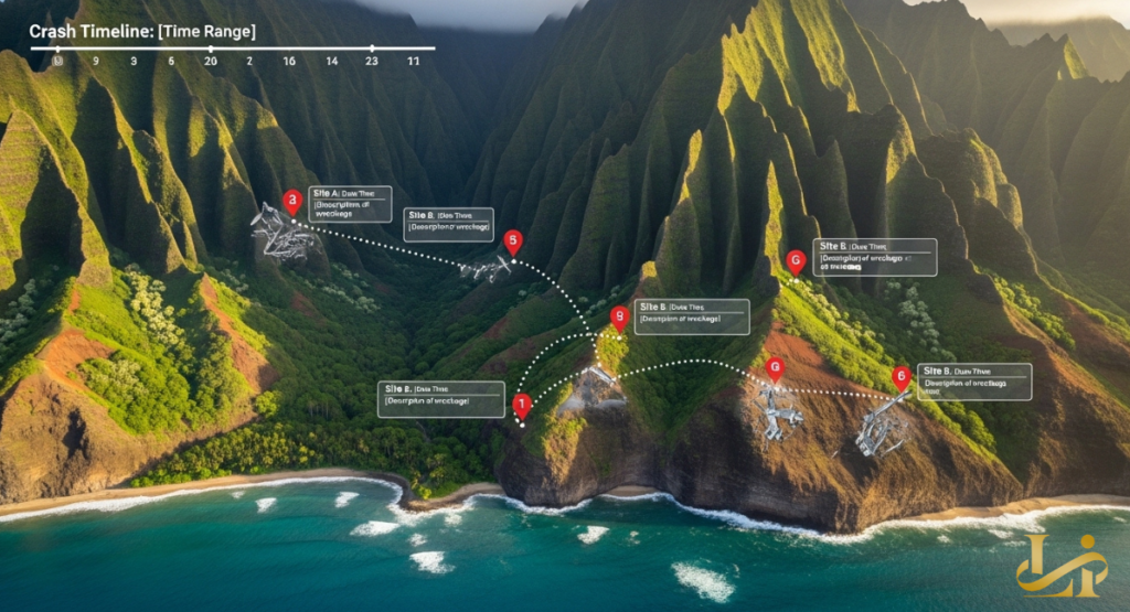 Aerial map of Kauai’s Na Pali Coast marking wreckage sites and a flight path over steep green ridges. Overlaid timeline and numbered pins illustrate the Kauai helicopter crash sequence along the coastline.