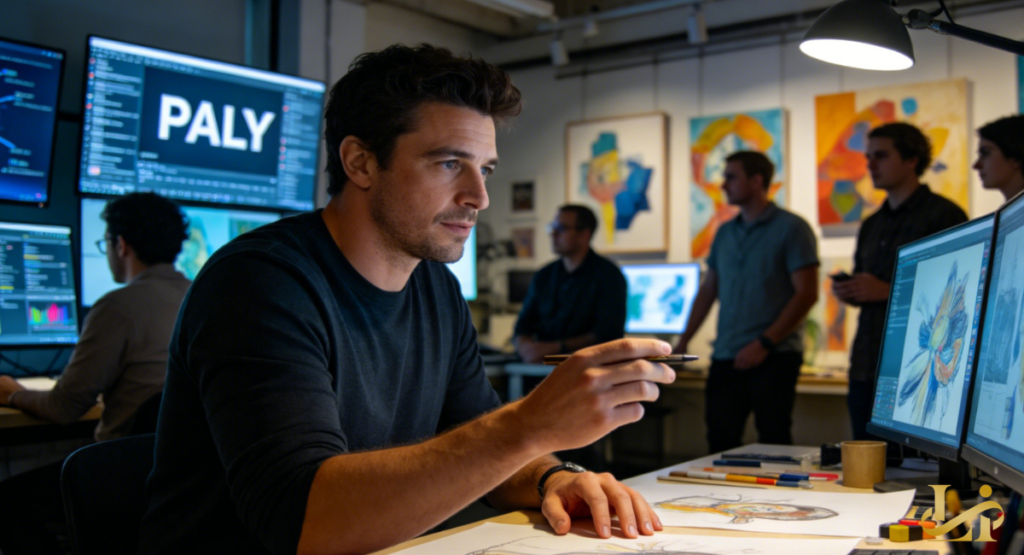 A man with short dark hair reviews digital artwork on dual monitors while holding a stylus; the screen behind him displays “PALY.”