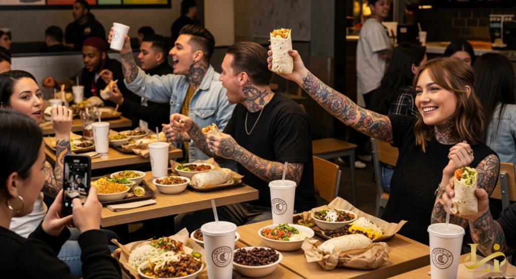 A lively dining room filled with tattooed guests raising burritos and drinks. Phones record the moment while bowls and trays cover the tables.