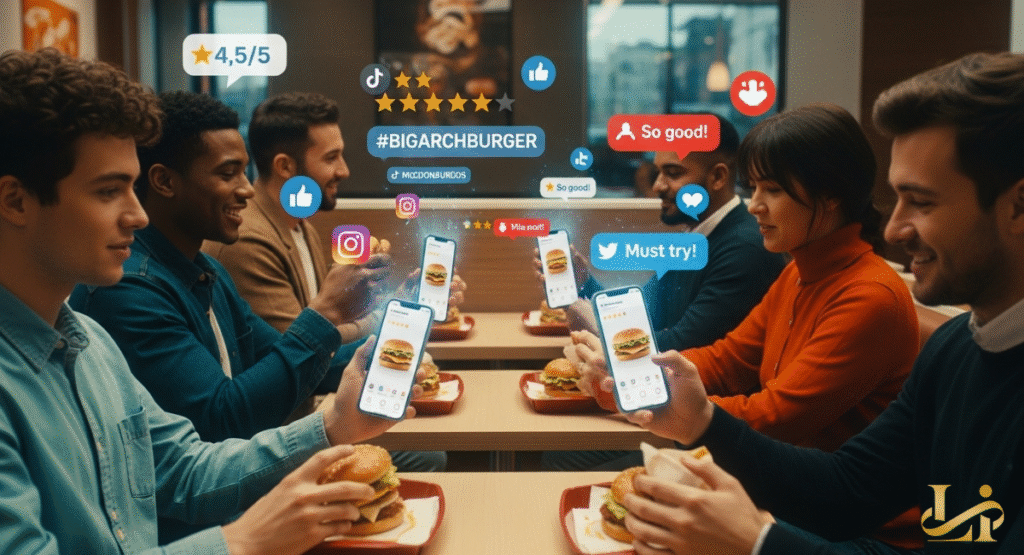 People in a McDonald's restaurant looking at smartphones displaying glowing customer reviews. Holographic social media icons, ratings, and comments like "#BIGARCHBURGER" float above the table.