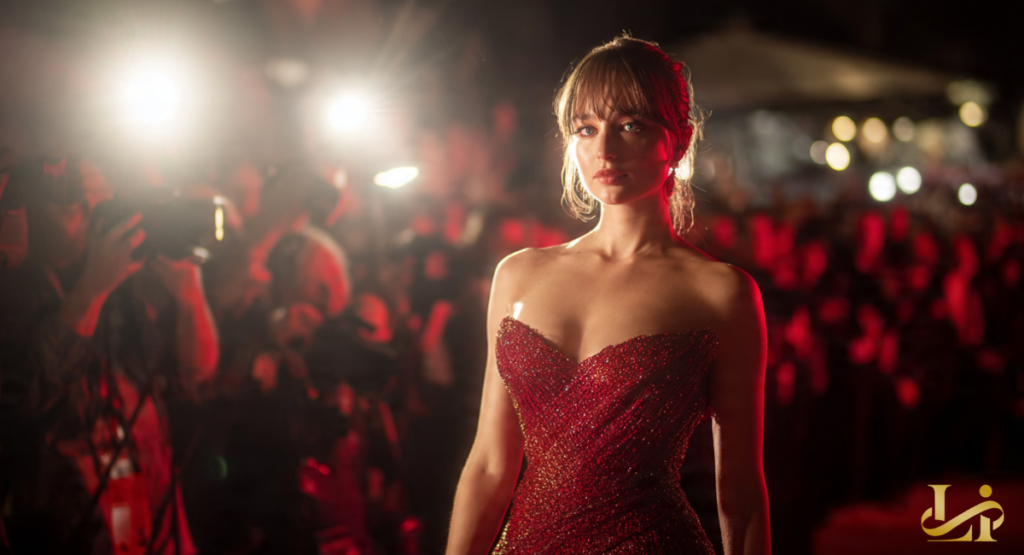 A glamorous actress in a sparkling red gown stands on a red carpet, bathed in the bright flashes of paparazzi cameras. Her confident stance signifies her significant rise in Hollywood.