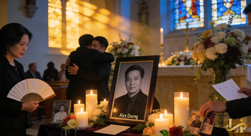 A church memorial table with a framed portrait, surrounded by candles, flowers, and smaller photos, while mourners hug and pay respects in the softly lit background.