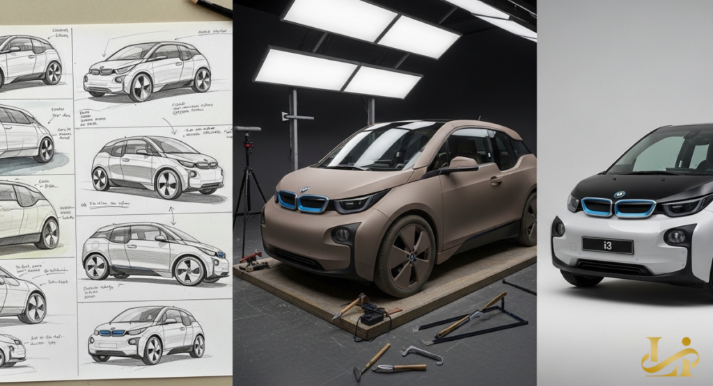 Triptych showing design sketches, a clay model under studio lights, and a final white electric car with black roof.