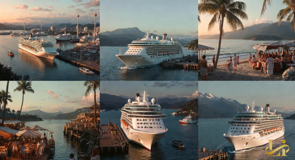 A six-panel collage shows a luxury cruise ship visiting diverse global destinations, from bustling ports to serene beaches. The images feature the ship docked, at sea, and guests enjoying various picturesque coastal settings.