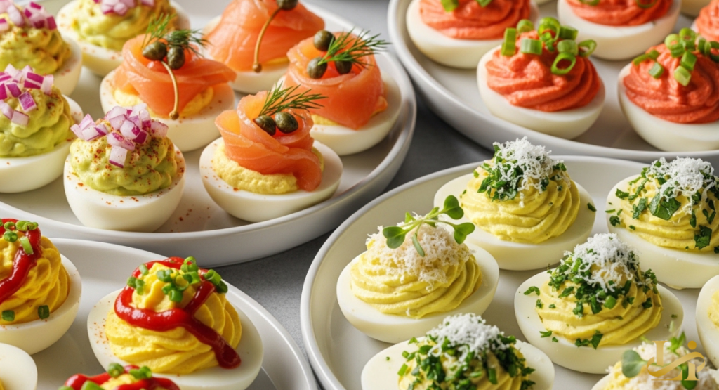 Close-up of multiple plates holding deviled eggs with creative twists like avocado, sriracha swirl, smoked salmon, capers, and herbs.