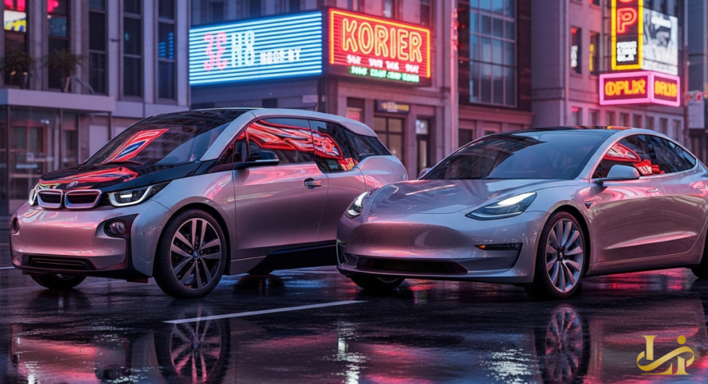 A compact silver electric hatchback parked beside a sleek sedan on a wet neon-lit city street at night. Reflections of bright signs ripple across the pavement and both cars’ glossy surfaces.
