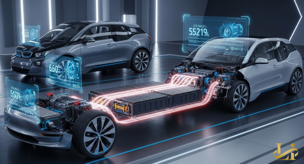 Cutaway view of an electric hatchback revealing its battery pack and motor, with holographic data panels. A finished gray version of the same model stands in the background of a dark studio.