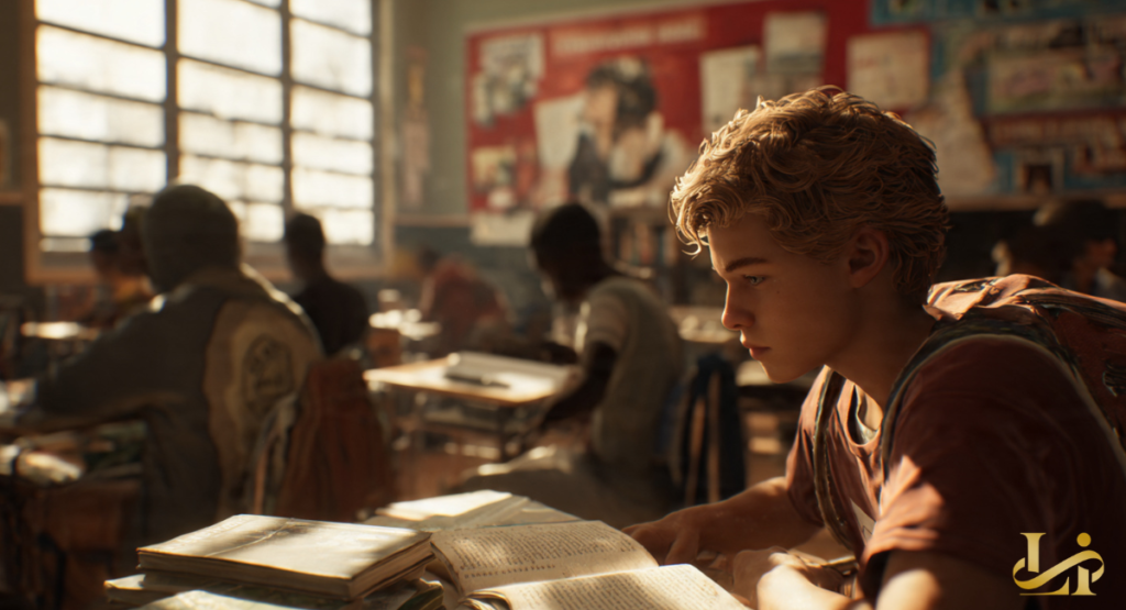 A young student with blond, curly hair is focused on an open textbook at a wooden desk in a sunlit classroom. The scene evokes early educational experiences and diligent study habits.
