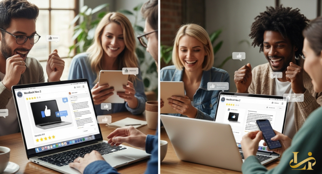 People reacting positively to online reviews and comments about a "MacBook Neo 2" on their laptops and tablets. This illustrates early reactions and community comments surrounding a new product.