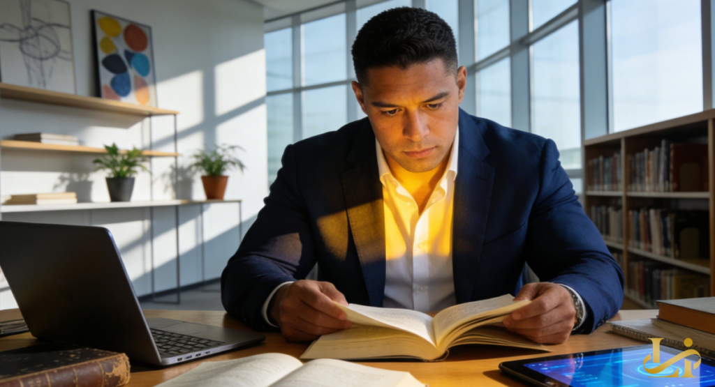 A man in a navy blazer reads a book at a sunlit library table. Laptop and tablet sit nearby among open notebooks.