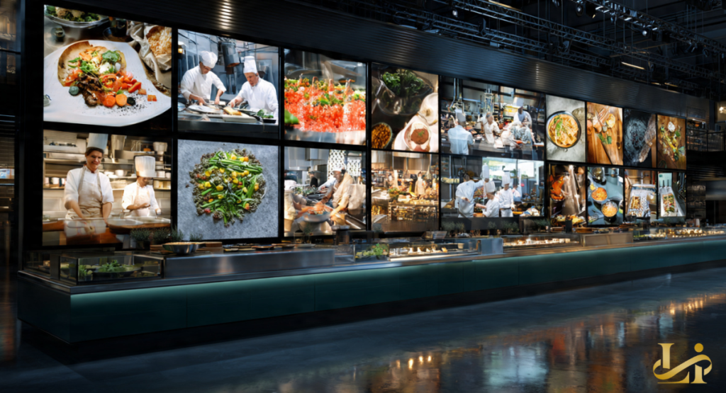 A long video wall displays a grid of cooking scenes and plated dishes above a lit service counter. Chefs in whites appear on several screens alongside close-ups of vibrant finished plates.