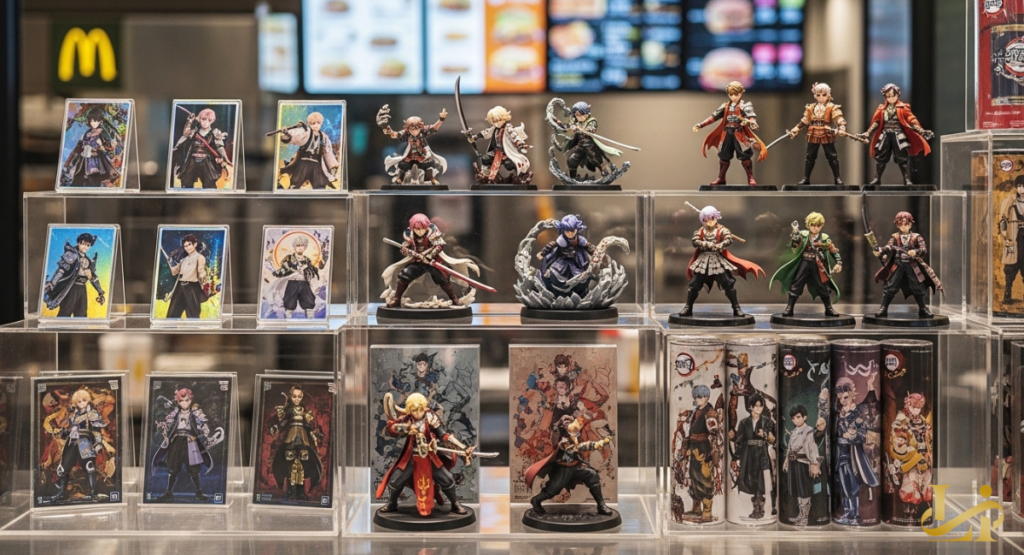 Clear acrylic shelves showcase anime-style character cards, figurines, and illustrated drink cups.