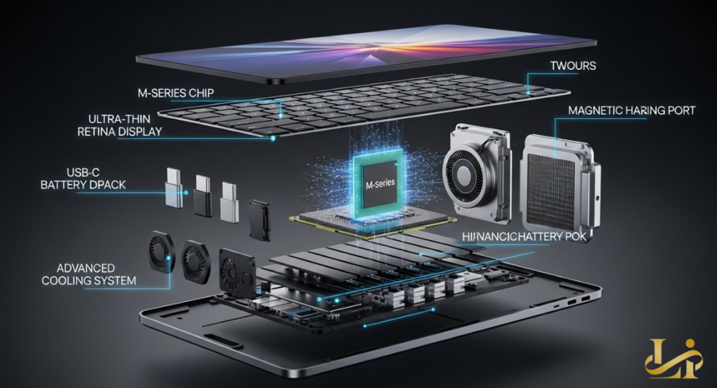An exploded diagram revealing the internal components of a laptop, including an M-series chip, ultra-thin Retina display, and advanced cooling system. This visual details the expected features and specifications of an advanced MacBook model.