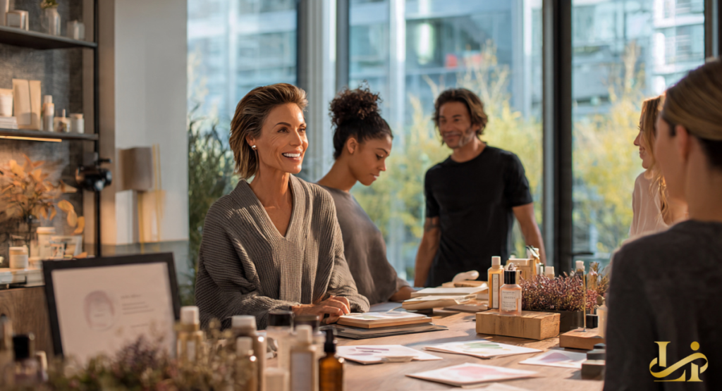 A woman works at a bright home office with wall-sized screens showing social feeds and analytics. Charts and maps glow blue while she types at a multi-monitor desk.