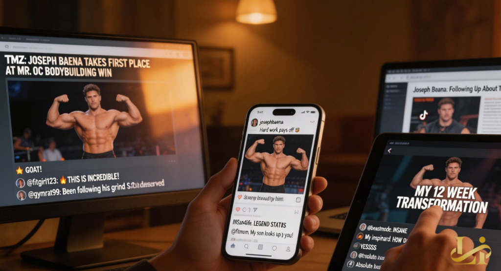 Phone and screens display headlines, posts, and transformation videos. Comments and thumbnails fill a warm, desk-lit workspac