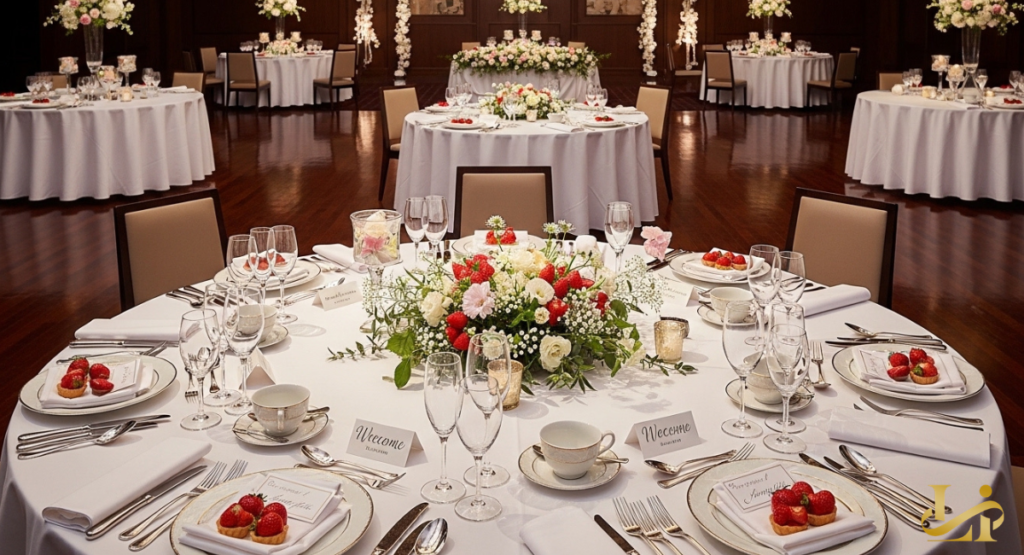 Elegantly set round tables with white tablecloths, floral centerpieces featuring strawberries, and fine dinnerware in a spacious event hall.
