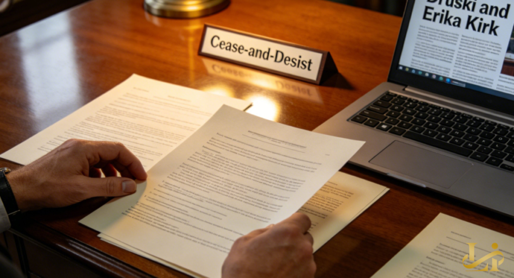 Close-up of hands reviewing legal documents labeled “Cease-and-Desist” on a wooden desk next to a laptop showing news about Druski and Erika Kirk.