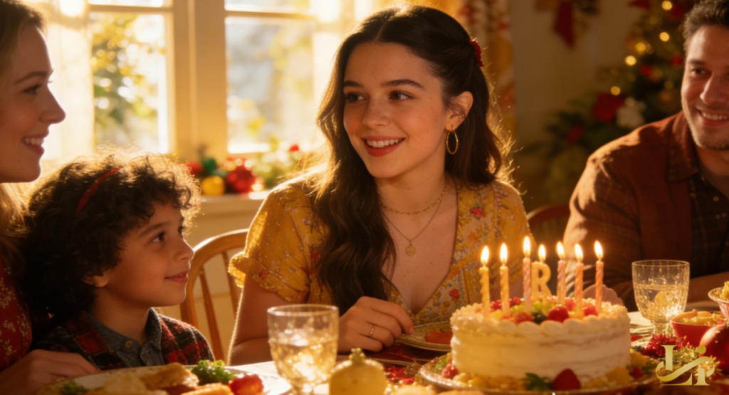 Warm dining room scene with a birthday cake and lit candles on a festive table. Family members gather around, sharing smiles in golden evening light.