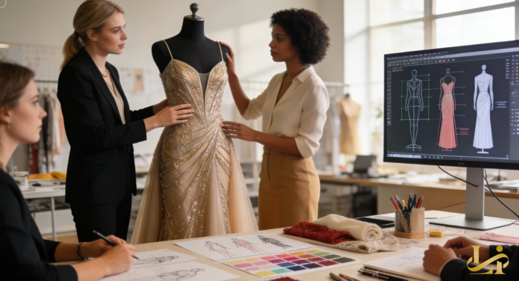 Designers in a bright studio adjust a beaded champagne gown on a dress form beside a monitor. Fashion sketches, swatches, and color palettes cover the table as two women discuss construction.