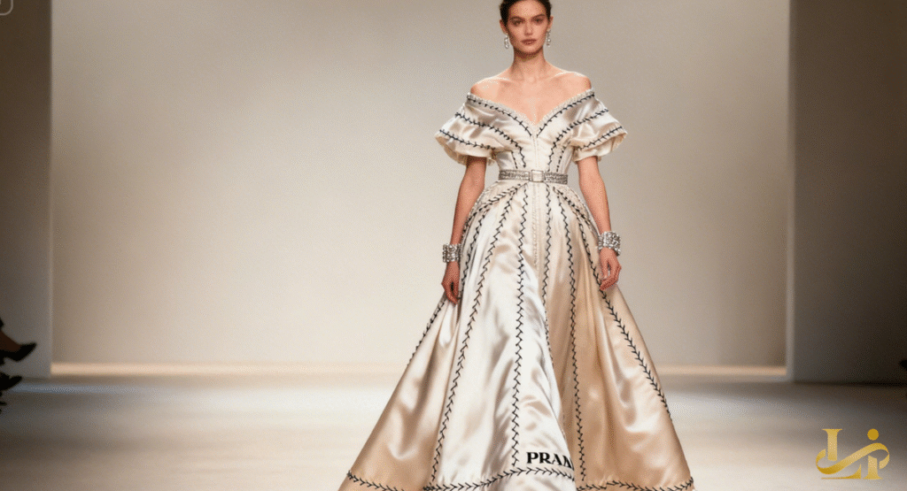 A model glides down a fashion runway in an elegant, off-the-shoulder white and black gown. The dress features puffed sleeves and intricate stitching, with the Prada logo subtle on the hem.