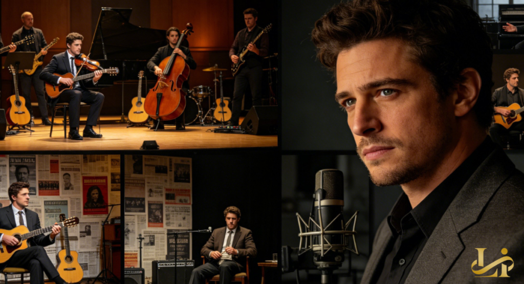 A collage of musical and performance scenes: a man plays violin and guitar on stage, sits with a guitar against a newspaper wall, and appears beside a studio microphone.