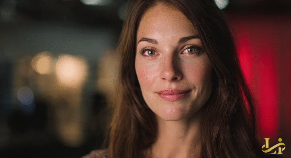 A close-up portrait of a woman with warm brown hair and a gentle, confident smile. Her clear eyes and natural expression reflect a thoughtful and poised demeanor.