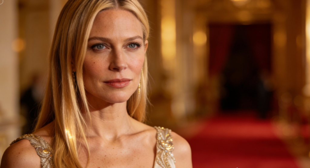 Gwyneth Paltrow’s in an embellished strap gown gazes calmly toward camera in a golden hallway. Soft bokeh and a red carpet blur behind her, creating an intimate portrait mood.