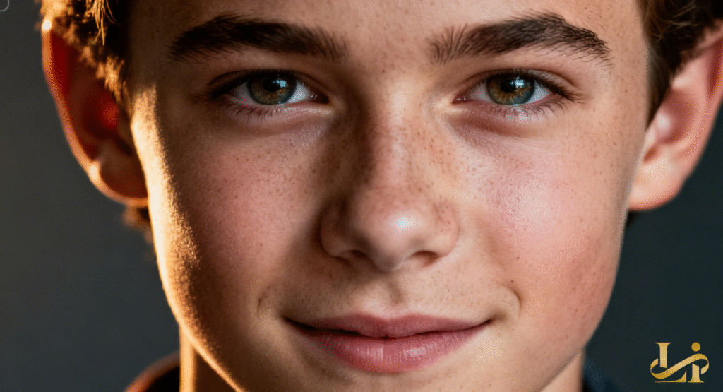 A close-up of a young boy's face with bright, kind eyes and a scattering of freckles. His gentle smile suggests an approachable and genuine public image.