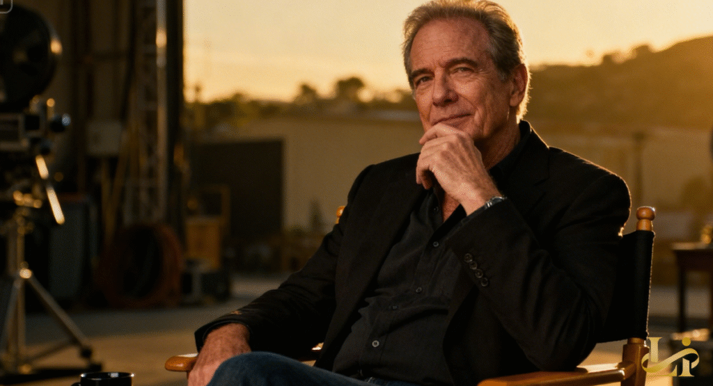 A man with salt-and-pepper hair, dressed in a black blazer and dark shirt, sits in a director's chair.