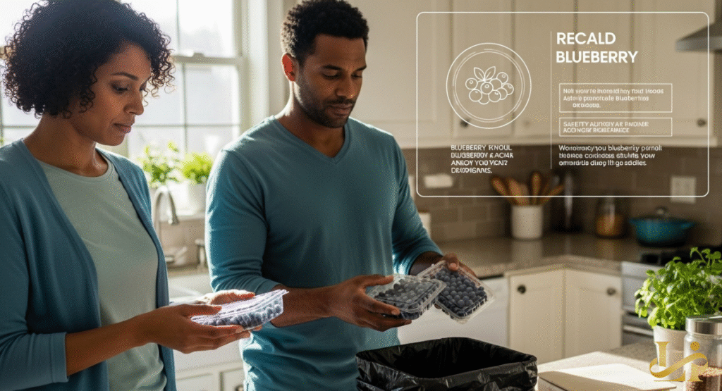 A couple in a kitchen disposes of packages of frozen blueberries into a trash can. A holographic display provides safety advice and warnings regarding the recalled product.