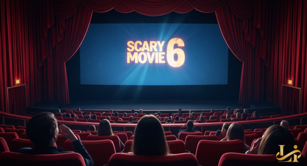 An audience in a darkened cinema watches "SCARY MOVIE 6" projected onto a large screen. Red curtains frame the screen, creating a classic theater experience for the film's premiere.