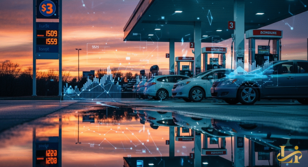 A gas station at dusk with cars parked at pumps and digital overlays of financial graphs. The setting sun casts warm light, reflecting off the wet pavement as data trends hover above.
