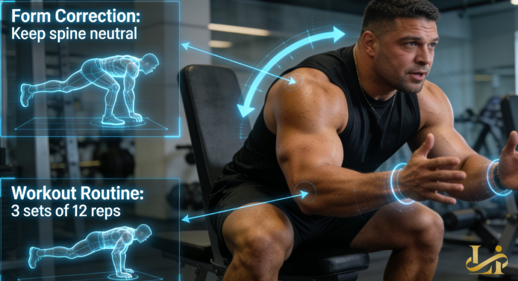 A man in a black tank explains form with holographic overlays. Arrows and figure demos show neutral spine and rep scheme.