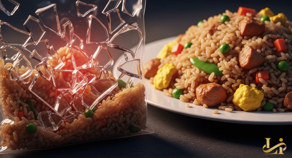 A clear plastic package of fried rice is shown with sharp, broken glass shards inside, highlighting contamination. Next to it, a plate of perfectly cooked fried rice contrasts the contaminated product with a safe one.