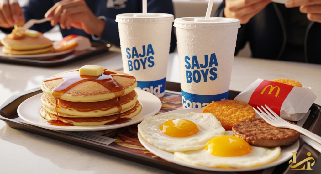 A tray holds pancakes with syrup and butter, two sunny-side-up eggs, sausage, hash browns, and two drinks.