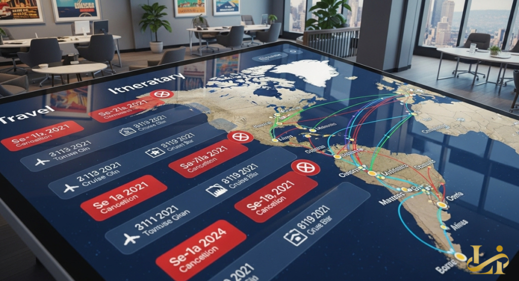 A tilted touchscreen table displays a world map with colored route lines and red “Cancellation” labels by date. Office chairs and skyline windows appear in the blurred background.