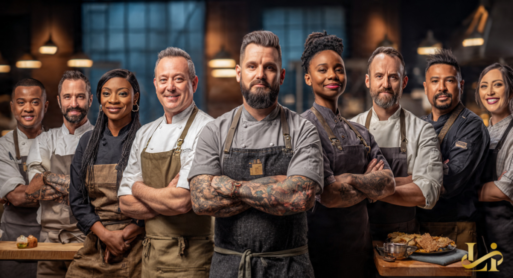 Nine contestants in chef coats and aprons stand shoulder to shoulder, arms crossed, facing the camera. Warm backlighting and a blurred kitchen set create a dramatic group portrait.